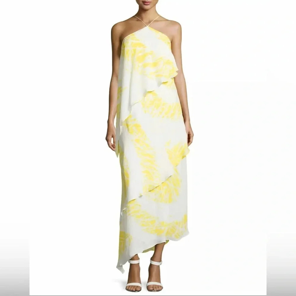 Halston Heritage Halter Asymmetrical Tiered Gown Dress Citron Yellow White